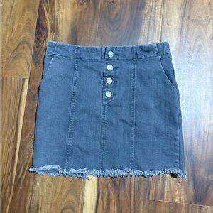 Grey Denim Button-Front Frayed Hem Skirt
